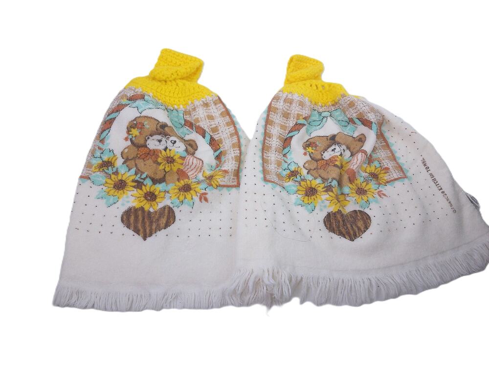 Vintage Jay Franco Crochet Top Kitchen Hand Towels Teddy Bear Set Of 2